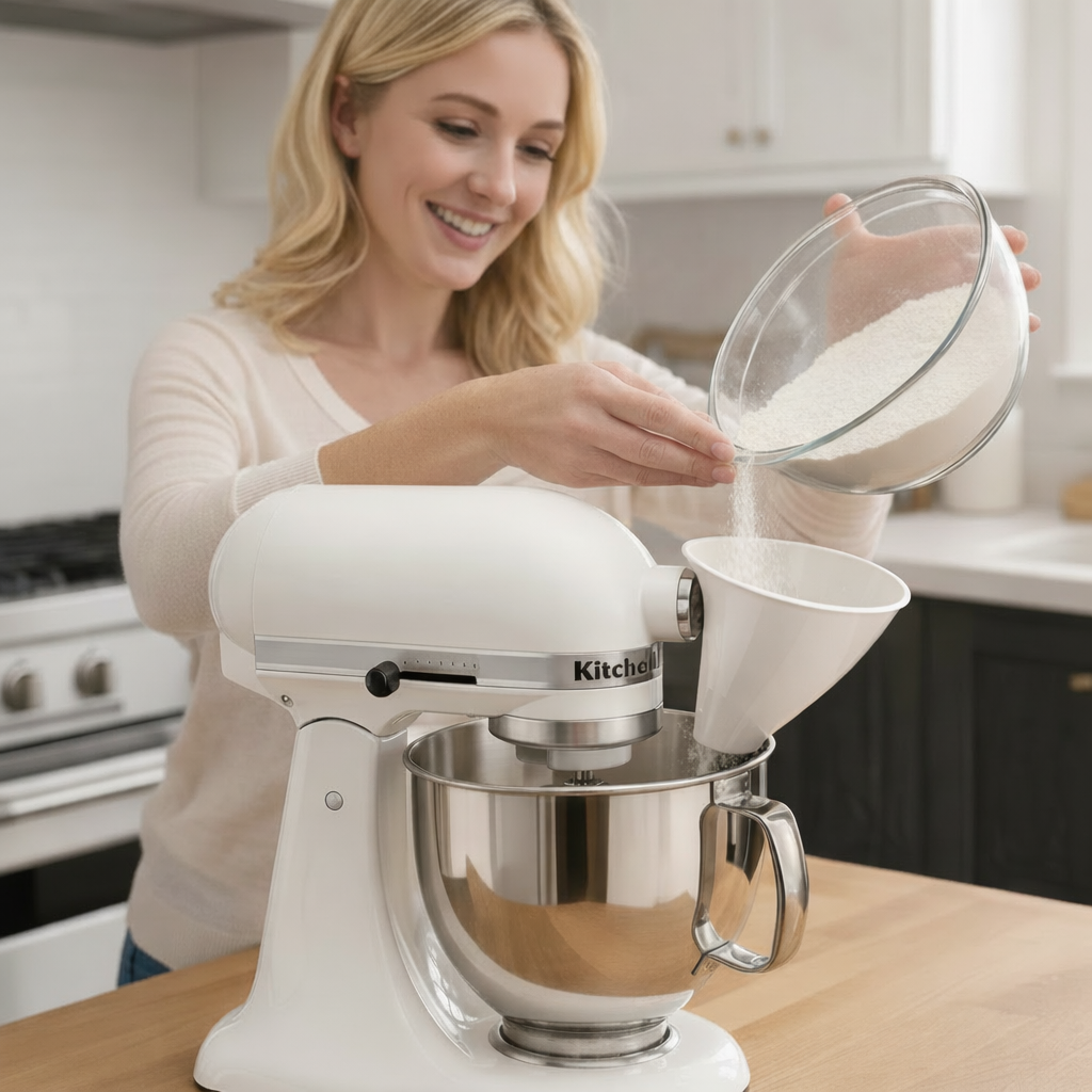No-Mess Flour Funnel for KitchenAid Mixer – White